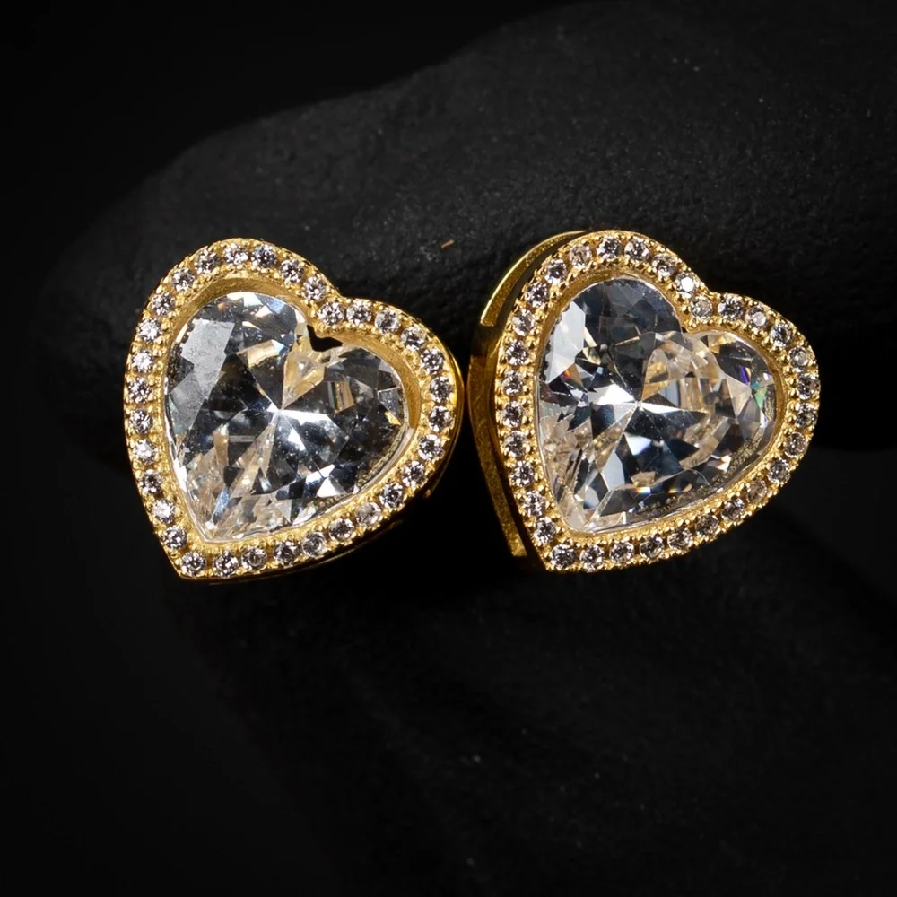 Yellow Gold 925 Sterling Silver Cz Heart Shaped Women's Stud Screw Back Earrings - Picture 2 of 5